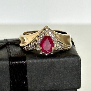 14K Solid Yellow Gold Ruby & Diamonds Halo Pear Cut Ladies Band Ring Size 6.75